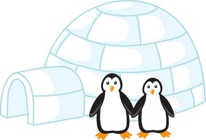 clipart image of two penguins and an igloo