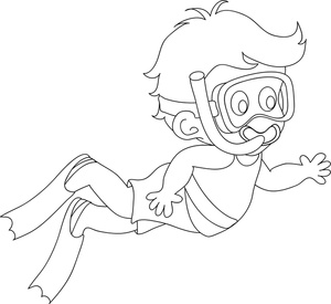 coloring page of little boy swimming and snorkeling while on summer vacation